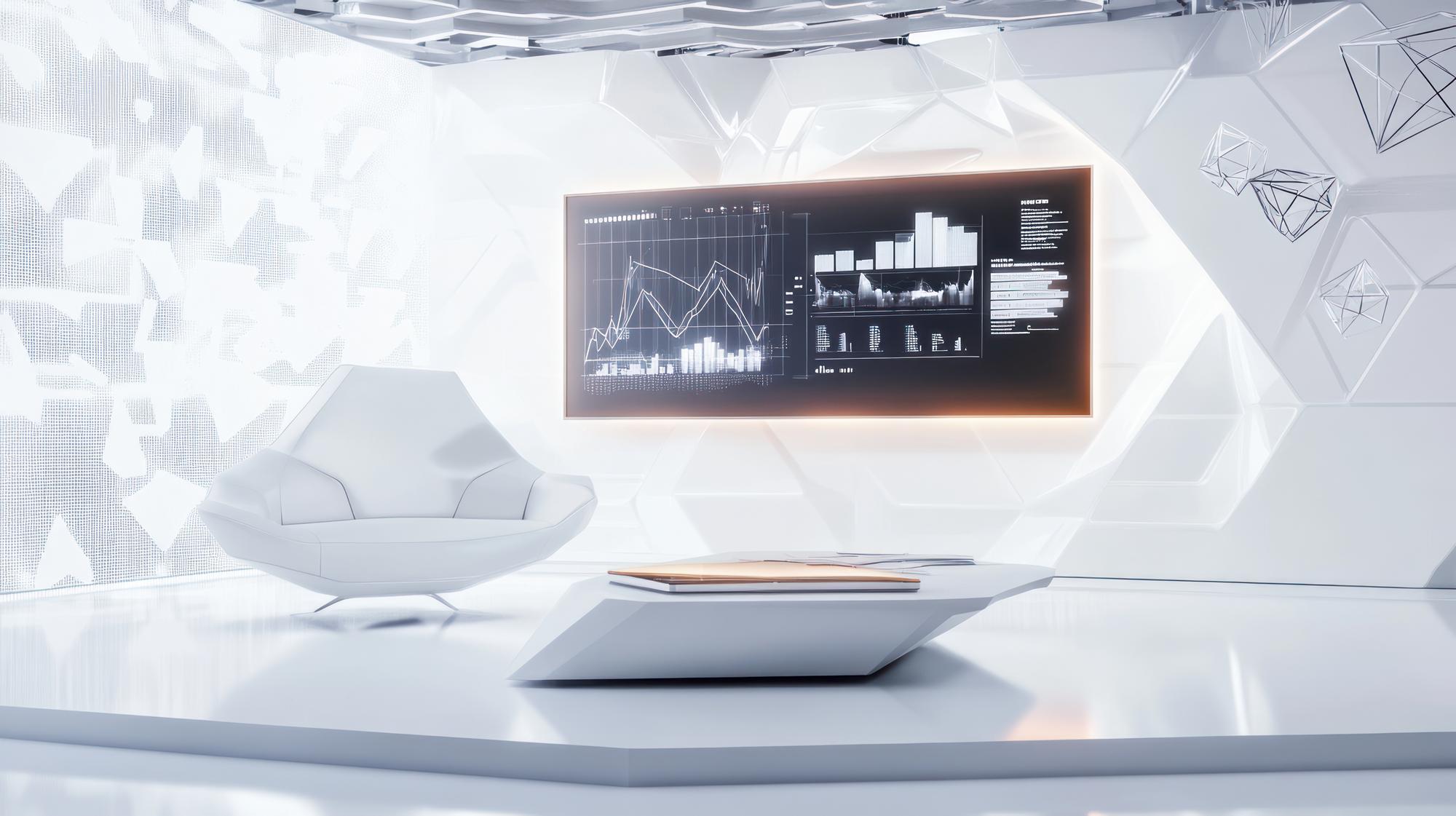 Futuristischer Arbeitsplatz mit Finanzdaten auf Screen
